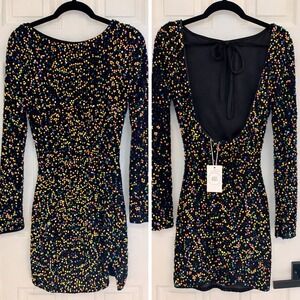 Bella Barnett NWT Sequin Mini Dress M Black Rainbow Long Sleeve Open Back Dress